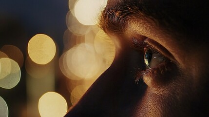 Sticker -   A close-up of a person's eye with a bokeh-style background of soft, blurry lights