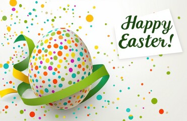 Poster - Easter egg with colorful polka dots and ribbon on a white background, with 