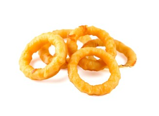 Wall Mural - an image of a pile of onion rings on a white surface, there are onion rings on a white surface