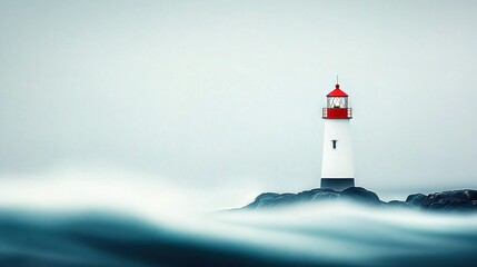 Wall Mural -   A red-and-white lighthouse stands tall on a rock amidst a vast expanse of water