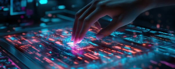Aufkleber - Futuristic interface with human hand interacting with digital technology