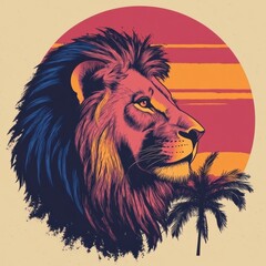 Aufkleber - Vibrant pop art lion portrait against a bold savanna sunset with space for text. Generative AI