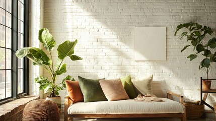 Wall Mural -   A cozy living room featuring a plush sofa, vibrant potted plants, and an eye-catching wall hanging