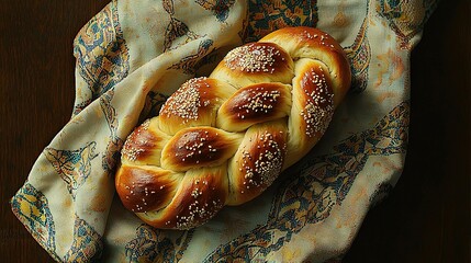 Wall Mural -   A loaf of bread with sesame seeds on a blue and yellow cloth atop a wooden table