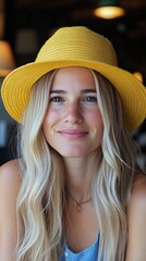 Wall Mural - Young woman with blonde wavy hair and yellow cap poses for a stylish portrait indoors