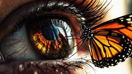 Poster -   Butterfly on eye with building reflection in background