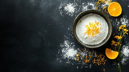 Wall Mural -   A black surface holds a bowl of powdered sugar beside sliced oranges and daffodils