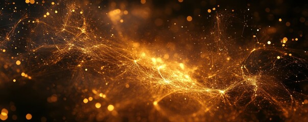 Poster - Abstract golden light network with sparkling particles and glowing fractal patterns