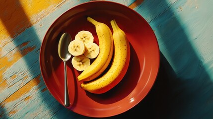 Wall Mural -  Red bowl with bananas & spoon on blue-yellow tablecloth against yellow wall