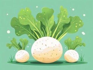 Wall Mural - Three Large Cartoon Turnips with Green Leaves on a Vibrant Turquoise Background Illustrating Lush Vegetables in a Simplistic Artistic Style