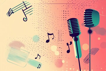 Fototapete - Creative minimalist K pop inspired background featuring music notes and microphones in vibrant colors. Generative AI