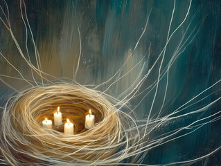 Poster - A nest decorated with candles. Flat illustration with drawn details, vintage paper effect, pastel colors