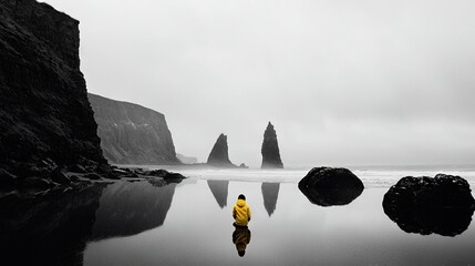 Poster -   A monochrome portrait of an individual wearing a yellow raincoat beside a water body