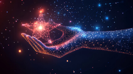 Poster - Hand with star hologram made of polygons and lines. A low-poly structure symbolizing connection and achievement in a futuristic, vector-based concept.