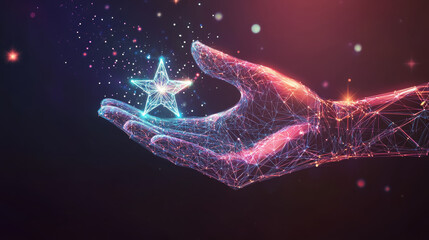 Poster - Hand with star hologram made of polygons and lines. A low-poly structure symbolizing connection and achievement in a futuristic, vector-based concept.