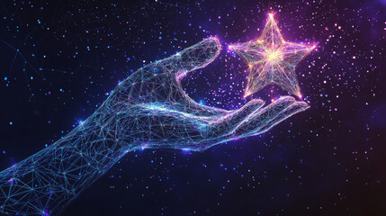 Poster - Hand with star hologram made of polygons and lines. A low-poly structure symbolizing connection and achievement in a futuristic, vector-based concept.