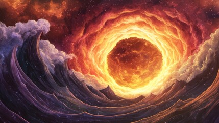 Poster - Fiery cosmic swirl encompassing a celestial body, contrasted by dark, surging waves.