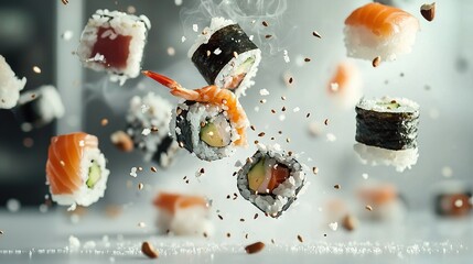 Sticker -   Sushi tossed in the air with chopsticks in the foreground, sushi tossed in the air with chopsticks in the background