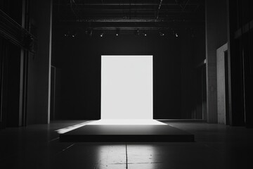 Poster - Monochromatic runway features clean lines and soft lighting in minimalist design during an exclusive fashion event. Generative AI