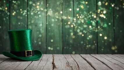 Wall Mural - St Patrick's Day green top hat on rustic wood board mockup surface with green bokeh background