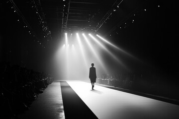 Poster - Monochromatic runway showcasing clean lines and soft lighting in a minimalist design during a fashion event at night. Generative AI