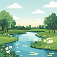 Wall Mural - Idyllic Nature Landscape with Serene River Flowing Through Lush Green Meadow, Flanked by Vibrant Flora and Gentle Forest Under a Clouded Sky