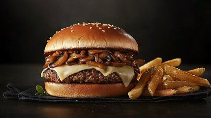 Poster -   A cheeseburger with fries on black plate Black cloth, background