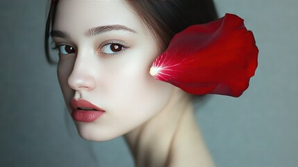 Sticker -   A woman with a red flower in her left side and a flower in her hair, captured in close-up detail