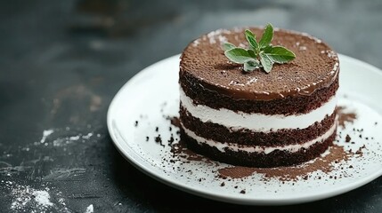 Wall Mural -   A chocolate cake topped with white frosting & a sprig of green on a white plate