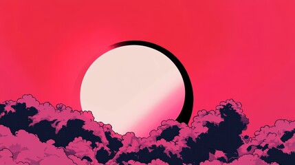 Wall Mural - Pink and dark-blue clouds obscure a large, pale orb in a vibrant crimson sky. An abstract, dreamy scene.