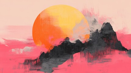 Poster - Vibrant abstract landscape painting featuring a large orange sun setting over pink and grey mountains. A striking contrast of warm and cool tones.