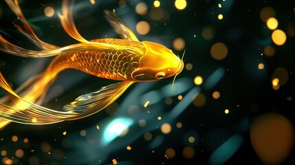 Wall Mural -   A goldfish glides atop a tranquil pool, surrounded by rippling water droplets against a dark backdrop