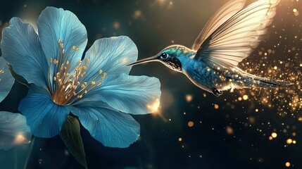 Wall Mural - a golden hummingbird flies over a blue-tinted flower