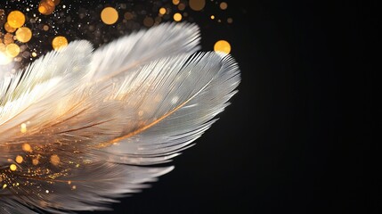 Wall Mural -   A white feather against a black backdrop, featuring a soft focus bokeh of ambient light