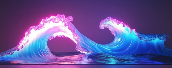 Poster - Vibrant neon waves illuminated against a dark purple sky