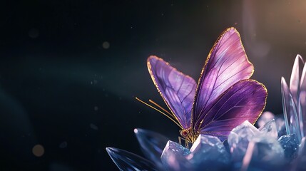 Wall Mural -   Closer look at a purple butterfly on blue flower with water droplets