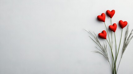 Sticker -   Red hearts on white wall, adjacent to green-stemmed plant