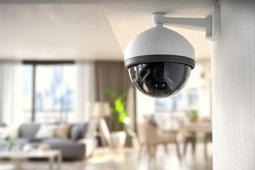 Poster - Home alarm system with integrated video camera for enhanced security monitoring in living room
