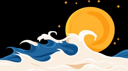 Wall Mural - Stylized illustration of ocean waves crashing under a large yellow sun at night.