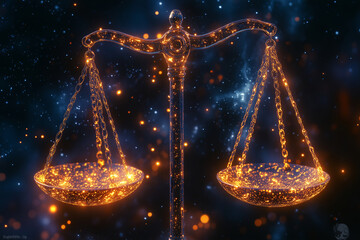 Fototapete - Glowing neural trade balance scales illuminate cosmic harmony in action