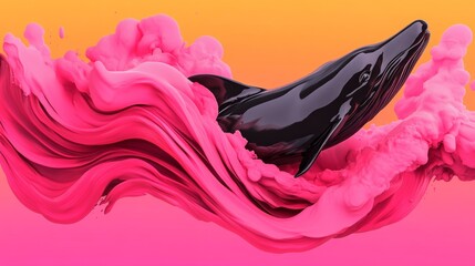 Sticker - A sleek, black whale breaches a wave of vibrant pink, creating a striking contrast of color and form.