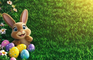 Poster - A cute, smiling, cartoon Easter bunny with colorful eggs in the grass, against a green background.