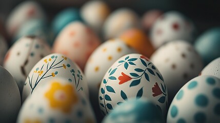 Wall Mural -   A close-up of diverse eggs adorned with unique patterns and decorated with leaves and flowers