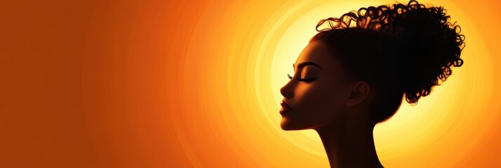 Leinwandbilder - Silhouette of a model against a glowing sunset background in a minimalist setting with space for text. Generative AI