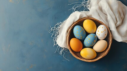 Wall Mural -   A basket holding eggs rests on a blue tablecloth alongside two white cloths