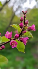 Canvas Print - Beautiful blooming branch of pink flowers at springtime in a lush garden