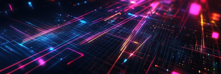 Poster - vibrant neon grid design with glowing lines on a dark background creates a futuristic atmosphere