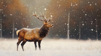 Wall Mural -  A deer standing in a snow-covered field with trees in the background and snowfall on the ground