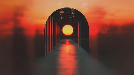 Wall Mural - A surreal sunset view through a modern archway. Warm, fiery tones dominate the scene, creating a captivating and mysterious atmosphere.