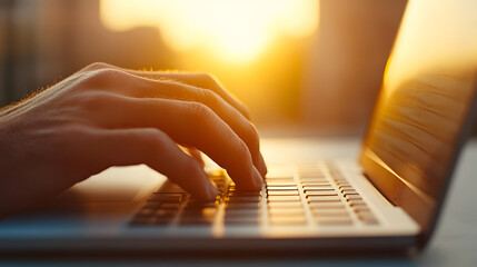 Poster - Typing on a laptop keyboard. The user's fingers are hitting the keys while bathed in warm light during work, study or leisure time.